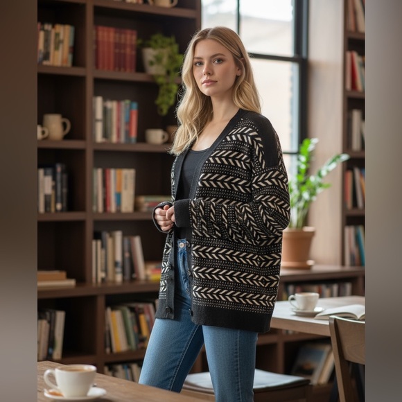 Pendleton Sweaters - Pendleton Vintage Style Merino Wool Blend Cardigan Black Cream Geometric Medium